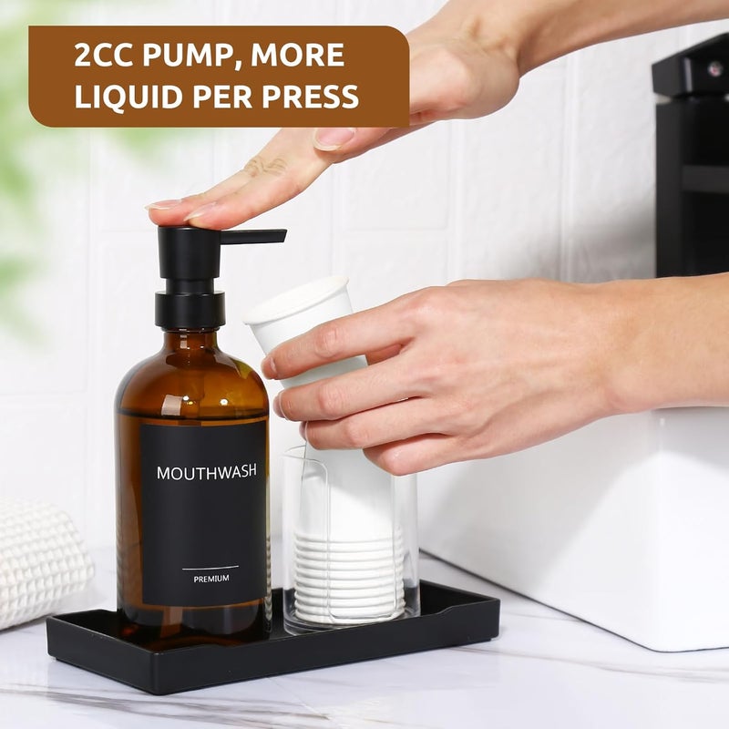 TOLDATLI Mouthwash Dispenser for Bathroom, Glass Mouth Wash Pump Dispenser with Cup Holder, 17 Fl Oz Mouthwash Bottle Decanter with Tray, Refillable Mouthwash Dispenser Container, Stylish (Amber) - Image 5
